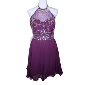 Y2K Cocktail Mini Dress Womens Size 6 Purple New Illusion Halter Chiffon Beaded